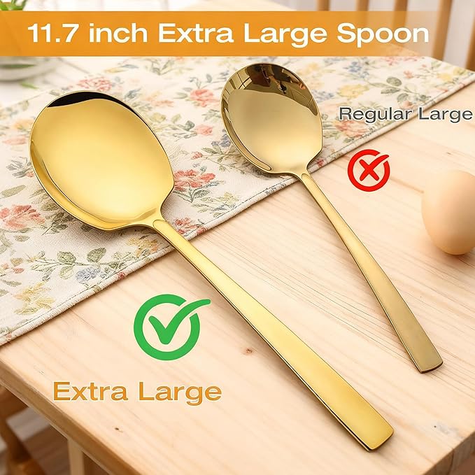 Extra Large Serving Spoons Set 11.7-Inch Gold Serving Slotted Spoon and Serving Spoon 18/8 Stainless Steel Big Serving Utensil for Buffet, Parties, Catering - Dishwasher Safe(2-Pack, Gold)