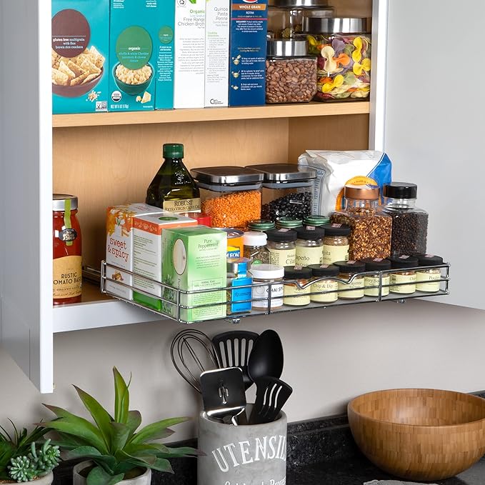 Pull Out Cabinet Organizer for Spices, Cans - Heavy Duty with Lifetime Limited Warranty- Pull Out Spice Rack- Cabinet Pull Out Shelf for Cans,Dishes, Etc, 20-3/8"Wx 10-1/2"D x 2-3/4” H, Chrome