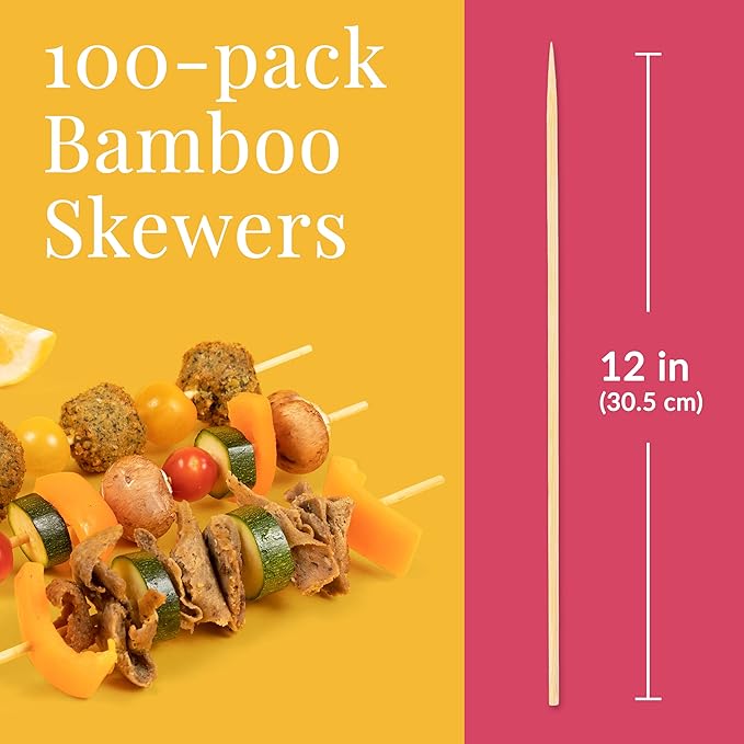 Prestee 100 Pack Bamboo Skewers for Crafts, Grilling BBQ, Kabobs, 12-Inch Brown - Wooden Skewers 12 Inch, Bamboo Skewers 12 Inch, Skewers for Kabobs, Skewer Sticks Variety Size, Wood Skewers