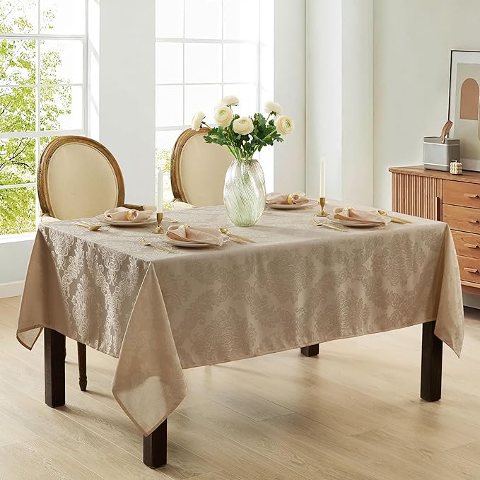 Newbridge Barcelona Luxury Damask Fabric Tablecloth, 70” Extra Wide x 144” Rectangle, Golden Beige, 100% Polyester, No Iron, Soil Resistant Dining Room, Party and Banquet Table Cover