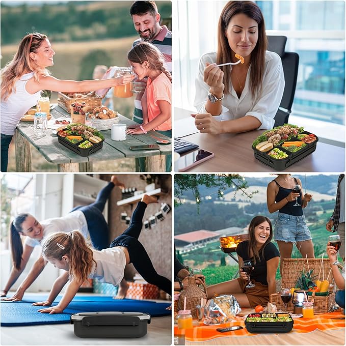 Bento Box Adult Lunch Containers, 5 Cup Box with 4 Compartments &Spork &Sauce Box, Leak-Proof, Microwave/Dishwasher Safe(Black)