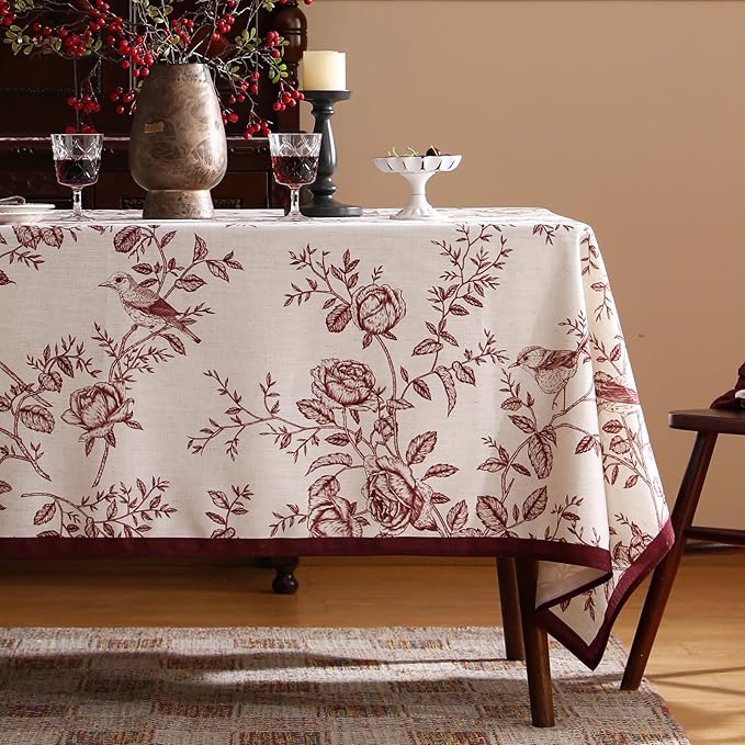 ISAENNE Designer Vintage Linen Rectangular Tablecloth,Red Floral Pattern Linen Stain Resistant Table Cloth,Decor Tablecloths for Dining Thanksgiving Kitchen Tea Party,55"*87"-Harmony