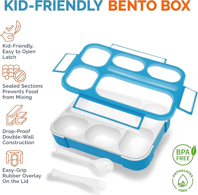 Bento Box Lunch-Box for Kids Adults, Snackle Box Snack Containers for Toddlers Daycare, Leakproof School Bentobox, 6 Section Meal Container for Boys Girls Women Lunches, BPA Free Utensils, Blue