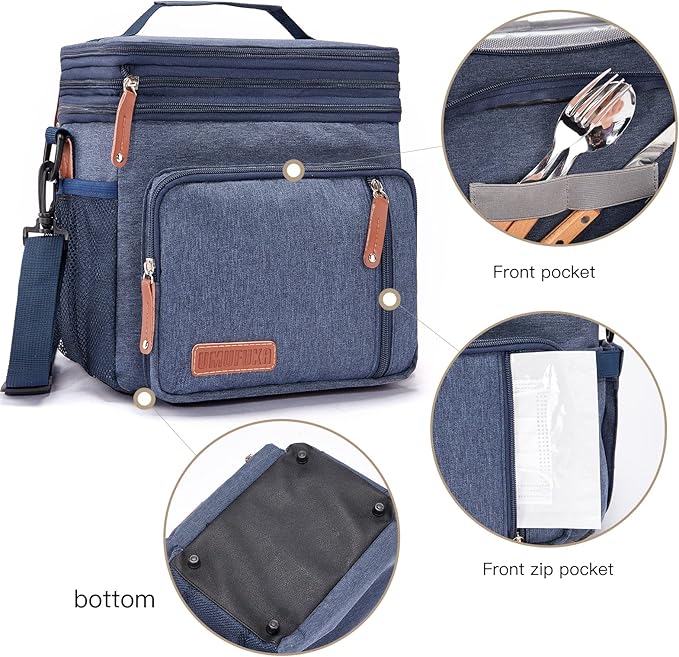 Men's Double Compartment Lunch Bag, Insulated Lunch Cooler Tote 2 Roomy Large Reusable Water-resistant Lunch Box (Blue)