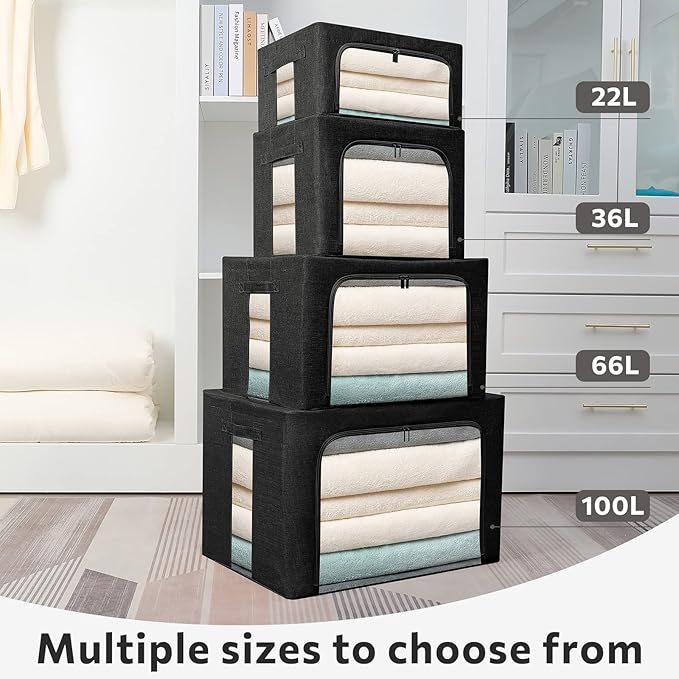 FHSQX 2 Pack Clothes Storage Bins Stackable Metal Frame Storage Box Foldable Linen Fabric Box Organizer with Carrying Handles and Clear Window (Black, 15.7x 11.8x 11.7 Inch)