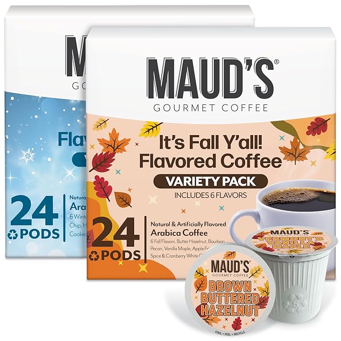 Maud’s Holiday & Fall Flavored Coffee Pods Variety Pack Bundle, 48ct, 11 Assorted Seasonal Flavors, Medium Roast Coffee in Recyclable Single Serve Pods 100% Arabica Coffee, Compatible with Keurig K Cups Maker