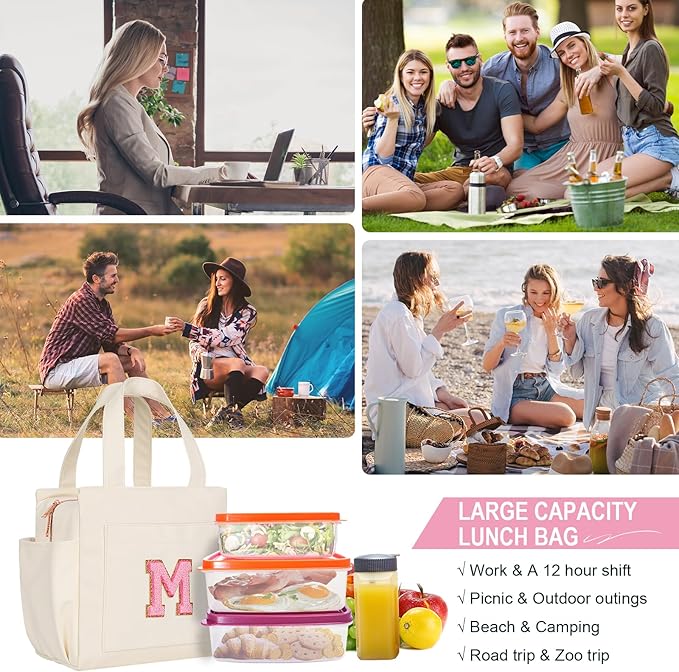 Joymee Leather Lunch Box Lunch Bag for Women Adult Insulated Reusable Leakproof Large Spacious Lunch Cooler Lunch Tote Bag with Bottle Holder and Side Pockets for Work Picnic Beach (Letter M)