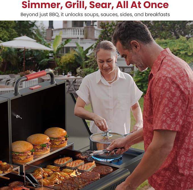 Charcoal Gas Grill Combo with Side Burner, 30,000 BTU Propane BBQ Grill, 748 SQ.IN Cooking Space, Non-Stick Porcelain Enamel Grates, Heavy-Duty Stand for Backyard Outdoor Barbecue