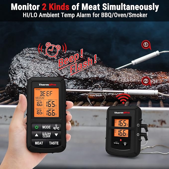 ThermoPro TP20B Black 500FT Wireless Meat Thermometer with Dual Meat Probe, Digital Cooking Food Meat Thermometer Wireless for Smoker BBQ Grill Thermometer, NSF Certified