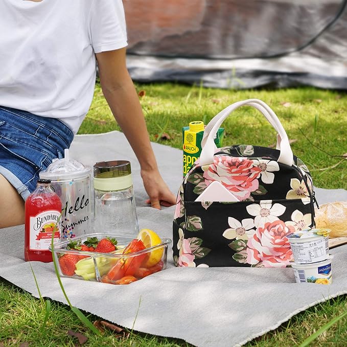 EurCross Floral Lunch Bag Classic for Women Girls, High Grade Cotton Canvas Insulated Lunch Box Bag Hold Bento Box or Round, Square and Uniquely Shaped Lunch Containers, Small Light Weight for Carry