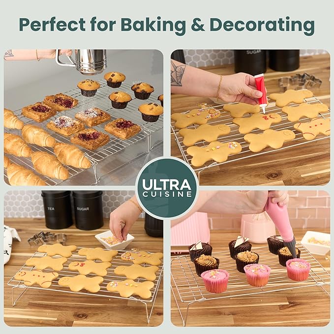 Ultra Cuisine Heavy Duty 3 Tiers, 16" x 10" Cooling Rack for Cooking and Baking - Professional Grade Premium 100% Stainless Steel Baking Rack & Wire Cooling Mesh - Dishwasher Safe - Pack 3