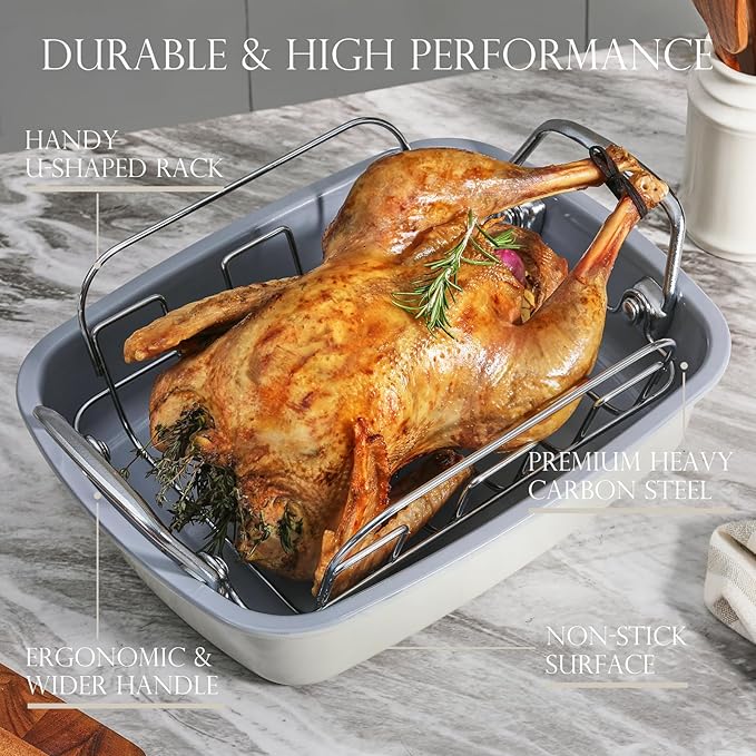 KITESSENSU Nonstick Turkey Roasting Pan with Rack 17 x 14 inch - Large Chicken Roaster Pan for Oven - Wider Handles & Heavy Duty Construction - Suitable for 24lb Turkey, Cream