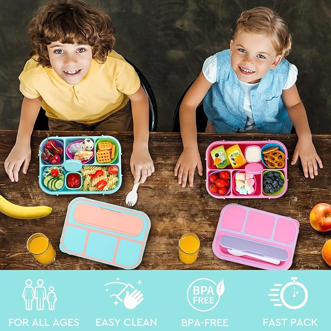 MaMix Bento Lunch Box - Adult & Kids Lunch Containers, 4 Compartment, 1300ML (Pastel Blue)