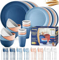 Wheat Straw Dinnerware Sets,64-Piece Plates and Bowls Sets for 8-Unbreakable,Reusable Plastic Dish Set-Dinner Plate/Dessert Plate/Cereal Bowl/Cup/Utensils-Dishwasher Safe 64P-Oecan Coral