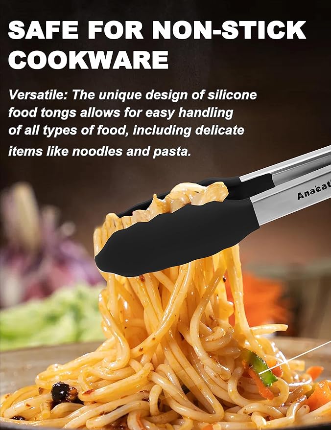 Anaeat 3 Pack 7" Mini Non-Stick Silicone Locking Tongs - Stainless Steel Kitchen Food Tong with Non-Slip Silicone Tips and Grip for Cooking, Baking and BBQ - Heat Resistant up to 480°F (Black)