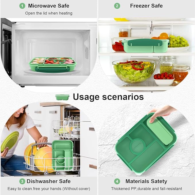 Bento Box Adult Lunch Box Kids,Lunch Containers for Adults/Kids/Toddler,5 Compartments Bento Lunch Box with Sauce Vontainers,Microwave & Dishwasher & Freezer Safe,BPA-Free(Green)