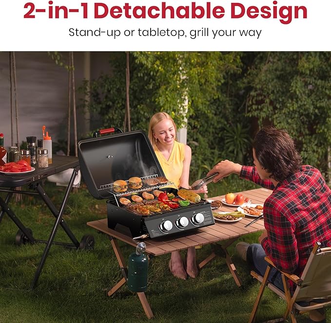 3-Burner Portable Gas Grill with 30,000 BTU, 320 SQ.IN Detachable Propane Grills, Non-Stick Porcelain Grate, Built-in Thermometer, Quick-Fold Design for Camping, Tailgating & Outdoor BBQ