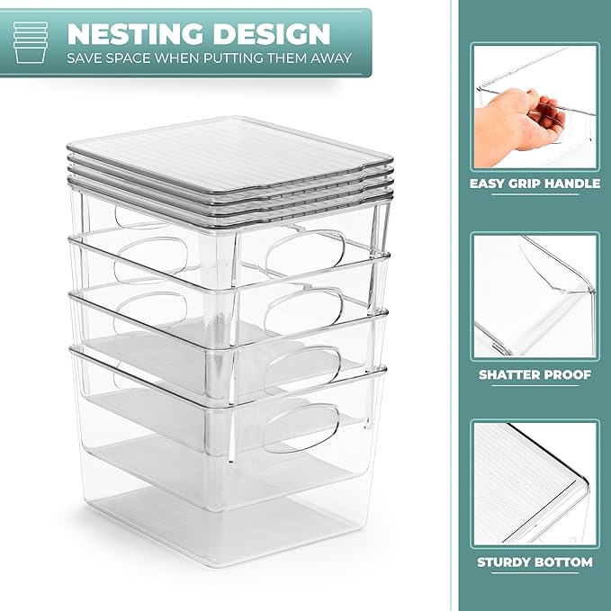 Sorbus Medium Plastic Storage Bins with Lids - Kitchen, Pantry, Refrigerator Organizer Bins - Clear, 4 Pack