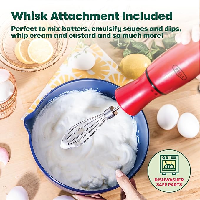 BELLA 2-Speed Hand Immersion Blender with Whisk Attachment, 250 Watt, Red, Immersion Blender with Dishwasher Safe Whisk & Blending Attachments for Food Prep (14460)