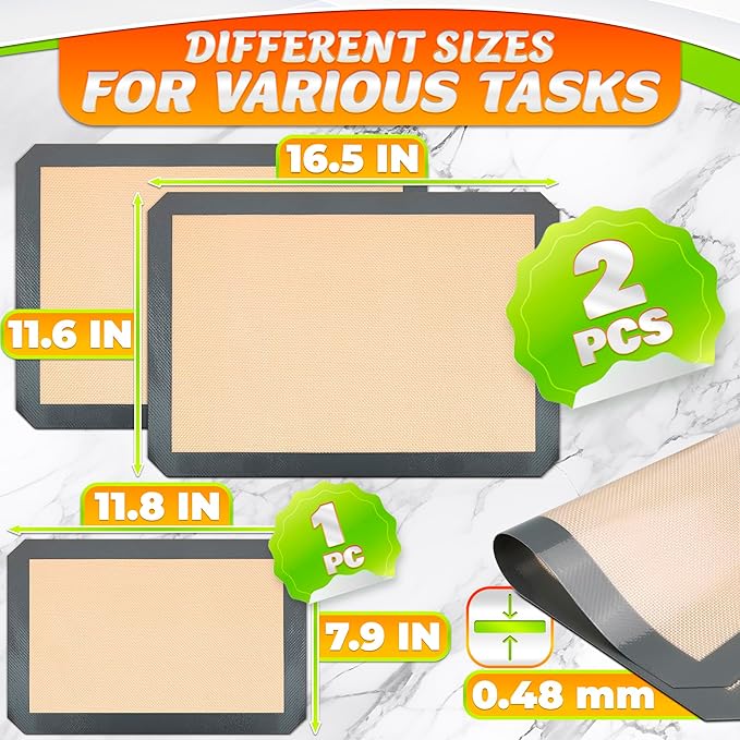 3 Pcs Silicone Baking Mat - Non-Stick Silicone Baking Mats Cookie Sheet with Reinforced Edges, Dishwasher Safe, Heat-Resistant - Uniform Heating & Easy Baking for Macarons, Cookie Dough, Roasts, Pizza