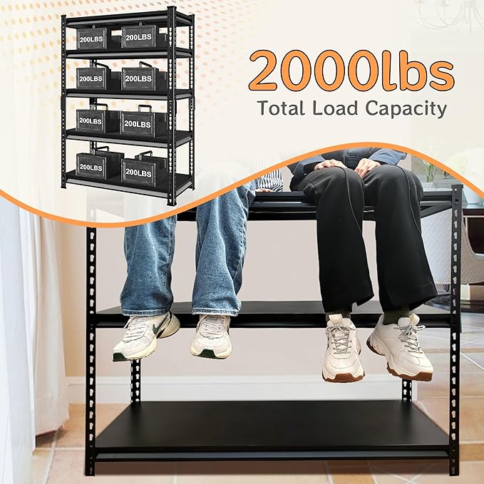 Adjustable Shelving Units and Storage, 40”W Garage Shelving Heavy Duty,2000LBS Loads 5-Tier Garage Storage Shelves, Metal Shelves for Living Room,Pantry,40”W×18”D×72”W,Black