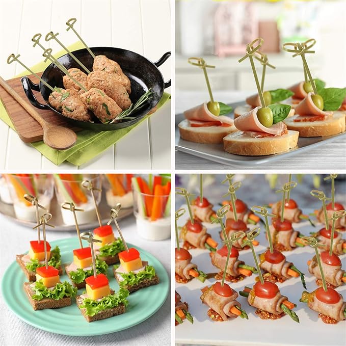 Minisland 200 Pcs Premium Bamboo Cocktail Toothpicks 4.7 and 6 Inch Long Knotted Skewers for Fruit Kabobs, Appetizers, Sandwiches, Drinks -MSL137