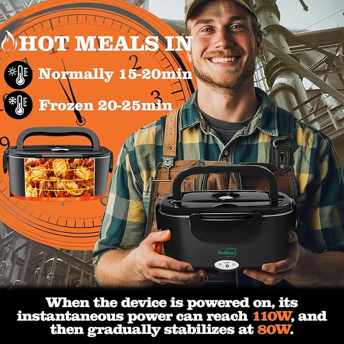 Buddew Electric Heated Lunch Box for Adults - 80W Fast Heating, 1.5L Food-Grade Stainless Steel, 12V/24V/110V Portable Food Warmer for Work Travel Car, Lonchera Electrica Portatil