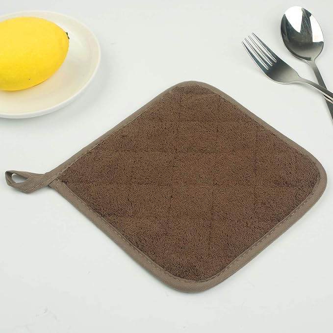 100% Cotton Kitchen Everyday Basic Terry Pot Holder Heat Resistant Coaster Potholder for Cooking and Baking Set of 5 Brown