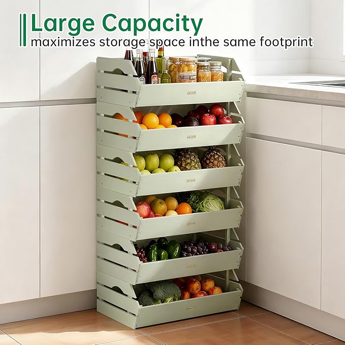 HABAU Wood Potato Onion Storage Bins - Wooden Stackable Produce Basket - Fruit Vegetable Storage for Kitchen Pantry Organization, Set 3 Pieces