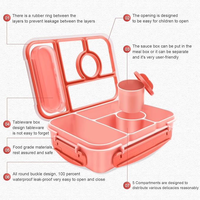 Bento Box Adult Lunch Box Kids,Lunch Containers for Adults/Kids/Toddler,5 Compartments Bento Lunch Box with Sauce Vontainers,Microwave & Dishwasher & Freezer Safe,BPA-Free(Pink)
