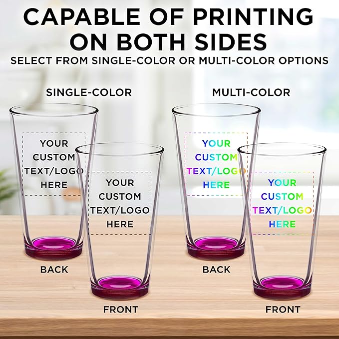 Custom Arc Pint Glass 16 oz. Set of 10, Personalized Bulk Pack - Beer Glasses, Heavy Duty Drinkware - Pink