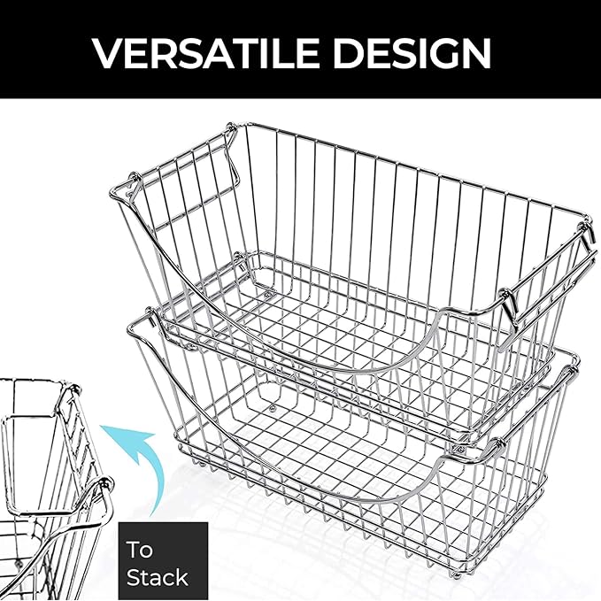 Smart Design Stacking Baskets Organizer w/ Handle - Medium - Steel - for Food, Fruit, & Vegetable Safe - Kitchen (12.63 x 5.5 Inch) [Chrome] (2 Pack)