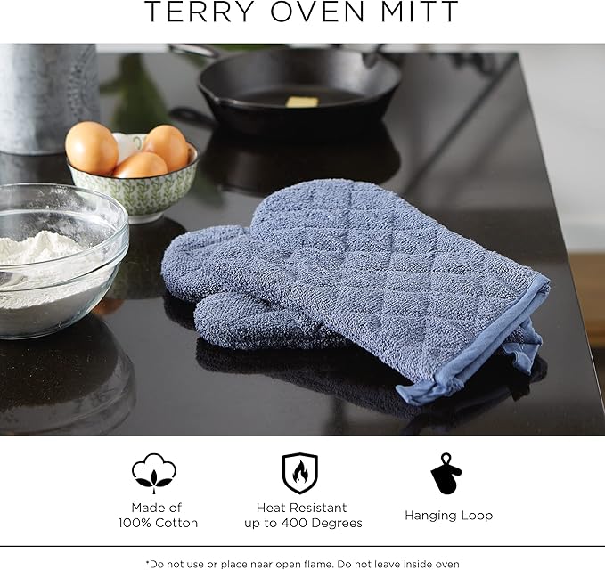 DII Basic Terry Collection 100% Cotton Quilted, Oven Mitt, Blue, 2 Piece