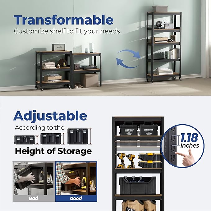 HOMEDANT House 5-Tier Metal Rolling Cart Shelf Rack Casters Heavy Duty Laminated Wheel Shelving Unit Adjustable Utility Storage Shelves Organizer Shelf Kitchen Garage 24.4" W x 16.5" D x 62.2" H 3Pack