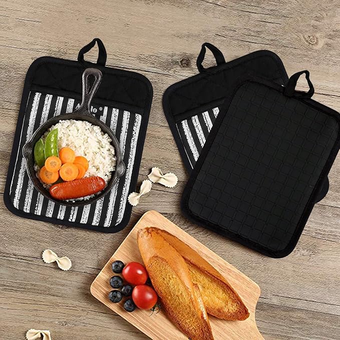Silicone Pot Holders Set of 3 Heat Resistant & Non Slip Potholders, Professional Oven Hot Pads with Pockets Mitts for Kitchen Cooking Baking Barbecue (3, Black)