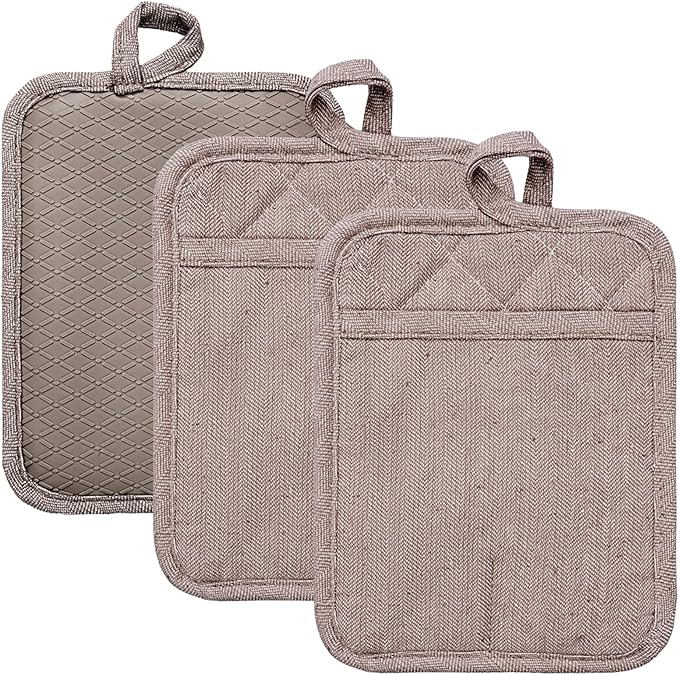 Pot Holders Yarn-Dyed Set of 3 Non Slip Silicone Kitchen Lines Heat Resistant 500℉ Kitchen Gloves BBQ Cooking Baking Cooking Barbecue Microwave Machine Washable (Khaki Pot Holders)