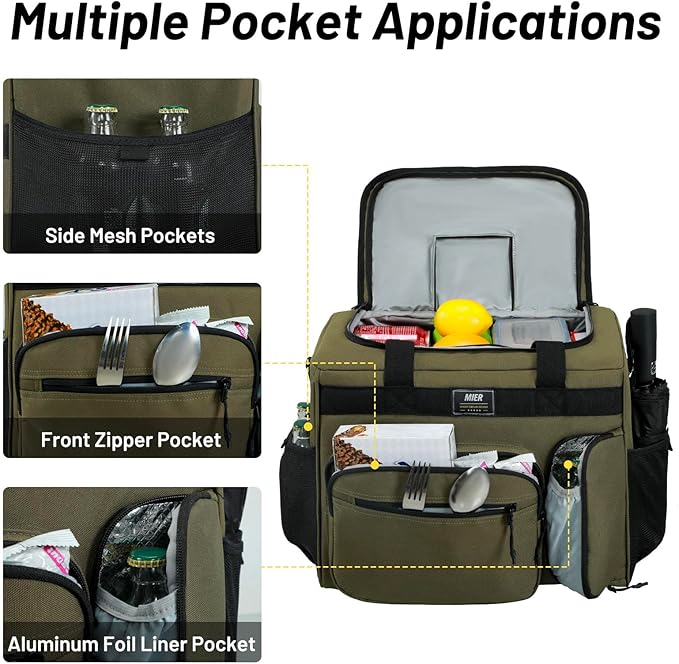 MIER 30L Extra Large Soft Cooler Bag with Bottle Opener for Camping Beach BBQ Grocery Golf Leakproof Picnic Lunch Bag, Collapsible, Top Flip Lid, 45Can (Dark Green)