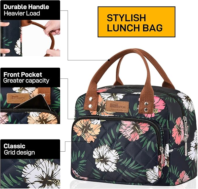 HOMESPON Lunch Bag for Woman Man Adults with Front Pocket Insulated Lunch Tote Lunch Box Container for Work Picnic or Travel(Green Leaves)