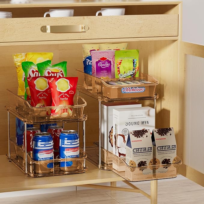 Delamu 2-Tier Under Sink Organizers and Storage, Multi-Purpose Stackable Bathroom Cabinet Organizers, Pull Out Kitchen Pantry Organization and Storage with Dividers(2 Pack, Amber)