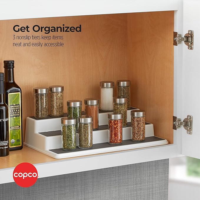 Copco 3-Tier Non-Skid Spice Rack Organizer for Kitchen Cabinet or Pantry, 15-Inch Tiered Shelf, White/Gray, Slip-Resistant Design for Jars and Bottles (Pack of 6)