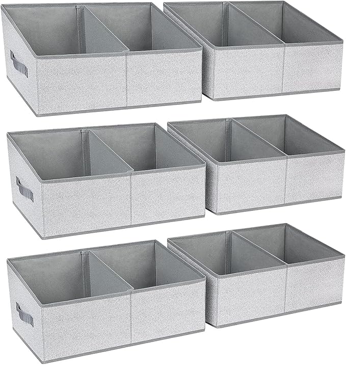 DIMJ Large Closet Shelf Organizer Bins 6 Packs with Handles and Divider, Fabric Trapezoid Storage Baskets, Foldable Clothes Containers Box for Shelf, Towel, Book, Toy, Purse, Hats, Grey
