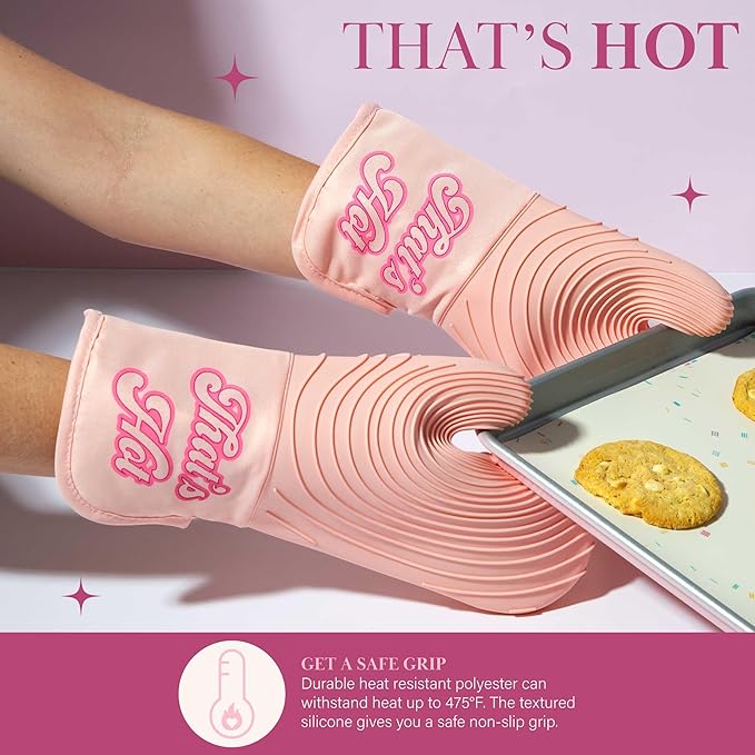 Paris Hilton Oven Mitt Set with Iconic That's HOT Design, Heat Resistant Pot Holders Featuring Non-Slip Textured Silicone Grips, 2-Piece Set, Pink