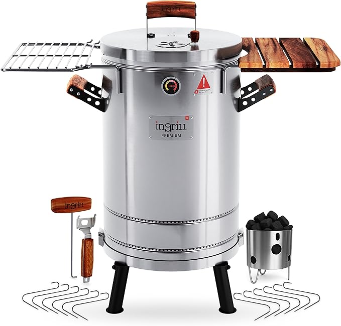 3-in-1 Stainless Steel Smoker Barrel Grill Premium– Portable Charcoal BBQ with Thermometer, 25 lbs Outdoor Cooking Smoker for Camping, Backyard & Home BBQ INGRILL