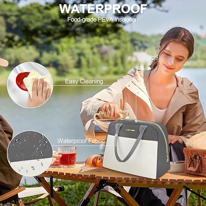 LOKASS Lunch Bag for Women-Insulated Adults Lunch Box with Front Pocket- Small Cute Lunch Tote for Work-Reusable Cooler Bag for Office Picnic Beach or Travel (Dark Grey)