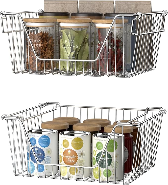Slideep Stackable Storage Baskets Stainless Steel Cabinet Organizer Sturdy Metal Wire Pantry Freezer Bin for Pantry Home Bathroom Kitchen Organization 6 Packs