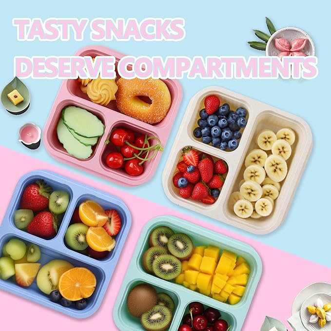 Finorder 4 Pack Wheat Straw Containers, Pastel Multi-color 3 Compartment Reusable Snack Bento Box Toddler, Square Meal Prep Food Containers for Kids, Adults, Office and Travel