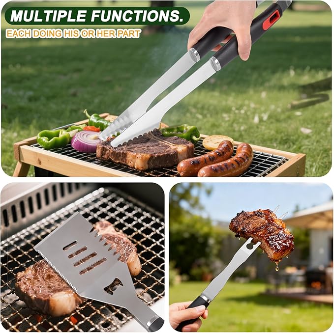 Grilling Accessories Set Spatula Fork Cleaning Brush Food Tongs Carving Knife Basting Brush Durable Stainless Steel BBQ Grill Tools with Extra Thick Storage Case BBQ Accessories Grill Set