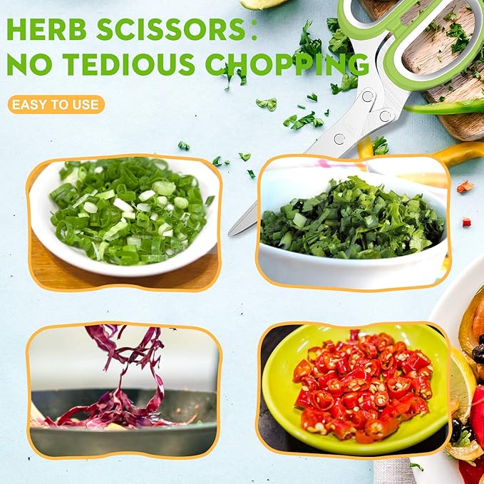 Herb Scissors Set - Updated 2025 Cool Kitchen Gadgets for Cutting Fresh Garden Herbs - Herb Cutter Shears with 5 Blades and Cover, Sharp and Anti-rust Stainless Steel, Dishwasher Safe (Green-White)