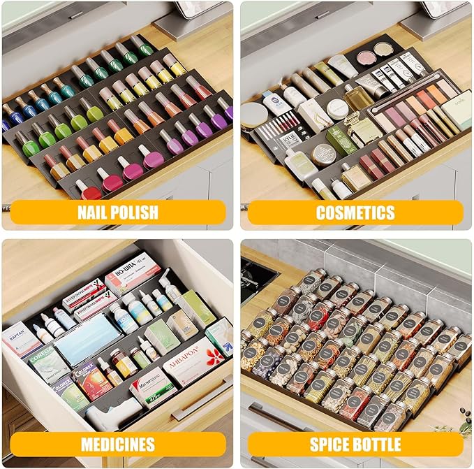 Famhap Spice Drawer Organizer, 8 Tier Expandable from 11.7" to 23.2" Seasoning Rack Tray Insert for Kitchen Drawers, Spice Rack Tray for Drawer/Countertop (Black)