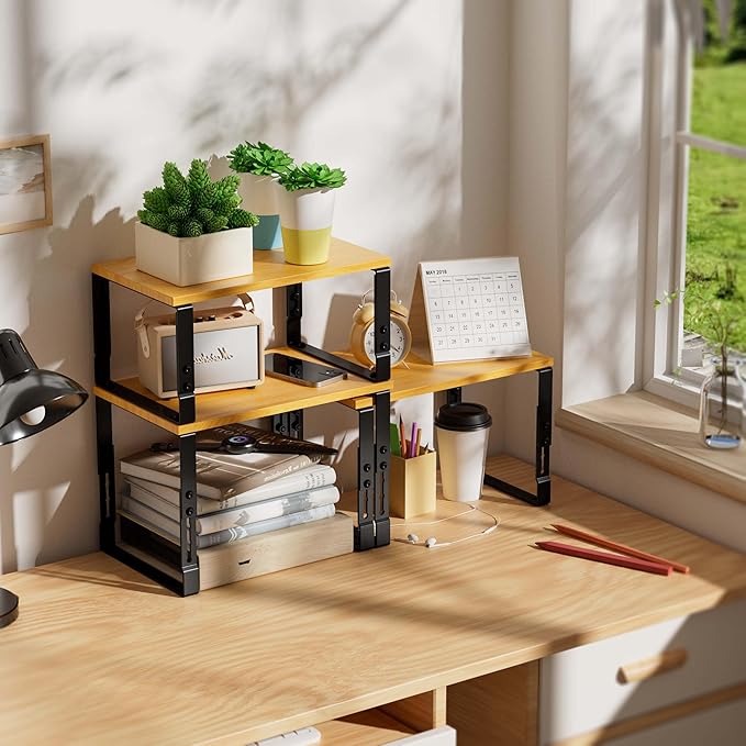 Kitchen Cabinet Organization Shelf，Set of 2 Height Adjustable Storage Racks，Stackable，Expandable，Countertop Shelves Organizer，Pantry Shelving(1PACK/Large/Black)